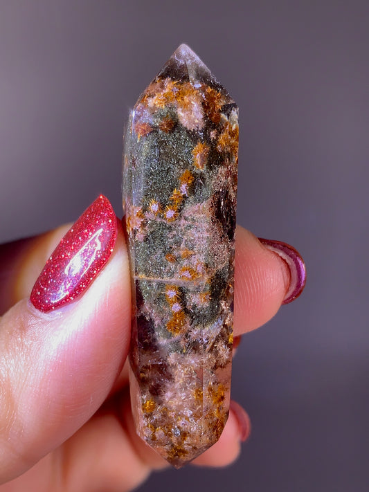 Rare Collector’s Piece Copper & Pink Flower Rutile with Green Garden Quartz Double-Terminated Point | Brazil