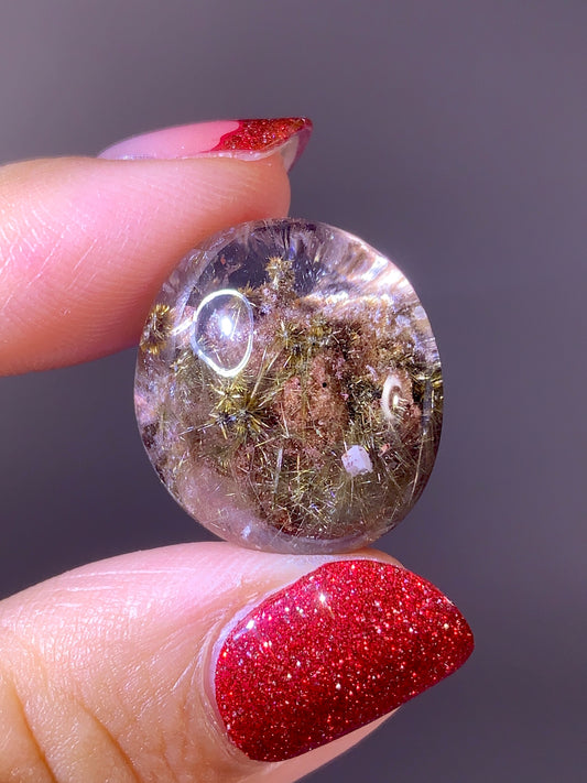 High-Quality Gold Flower Rutile with Brown Garden Quartz Cabochon | Brazil