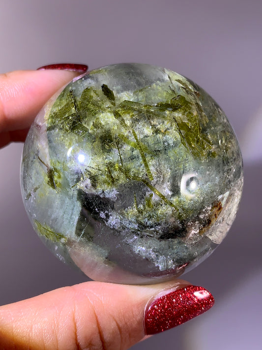 Collector’s Piece Large Green Tourmaline, Epidote & Green Garden Quartz Sphere | Brazilian Natural Quartz