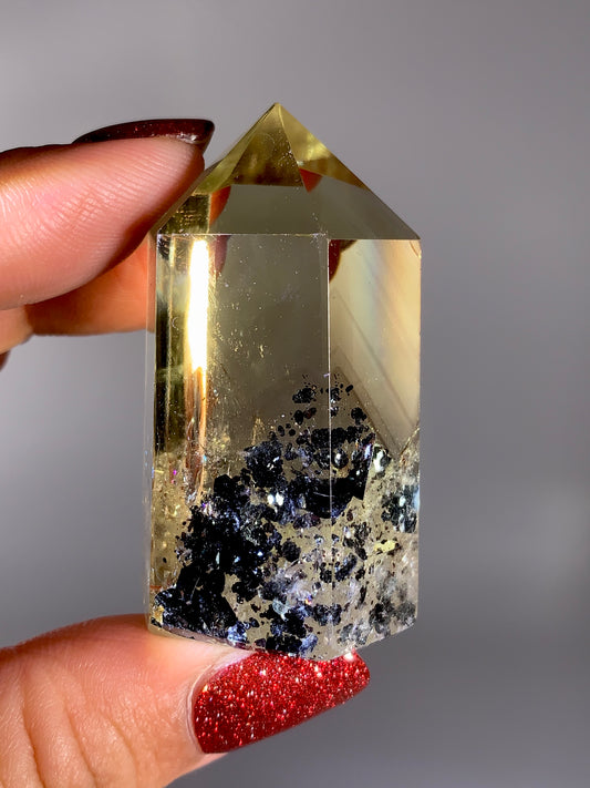 Collector’s Piece Rare Natural Citrine Tower with Phantom, Sparkling Black Hematite & Natural Rainbow Inclusions | Brazilian Quartz