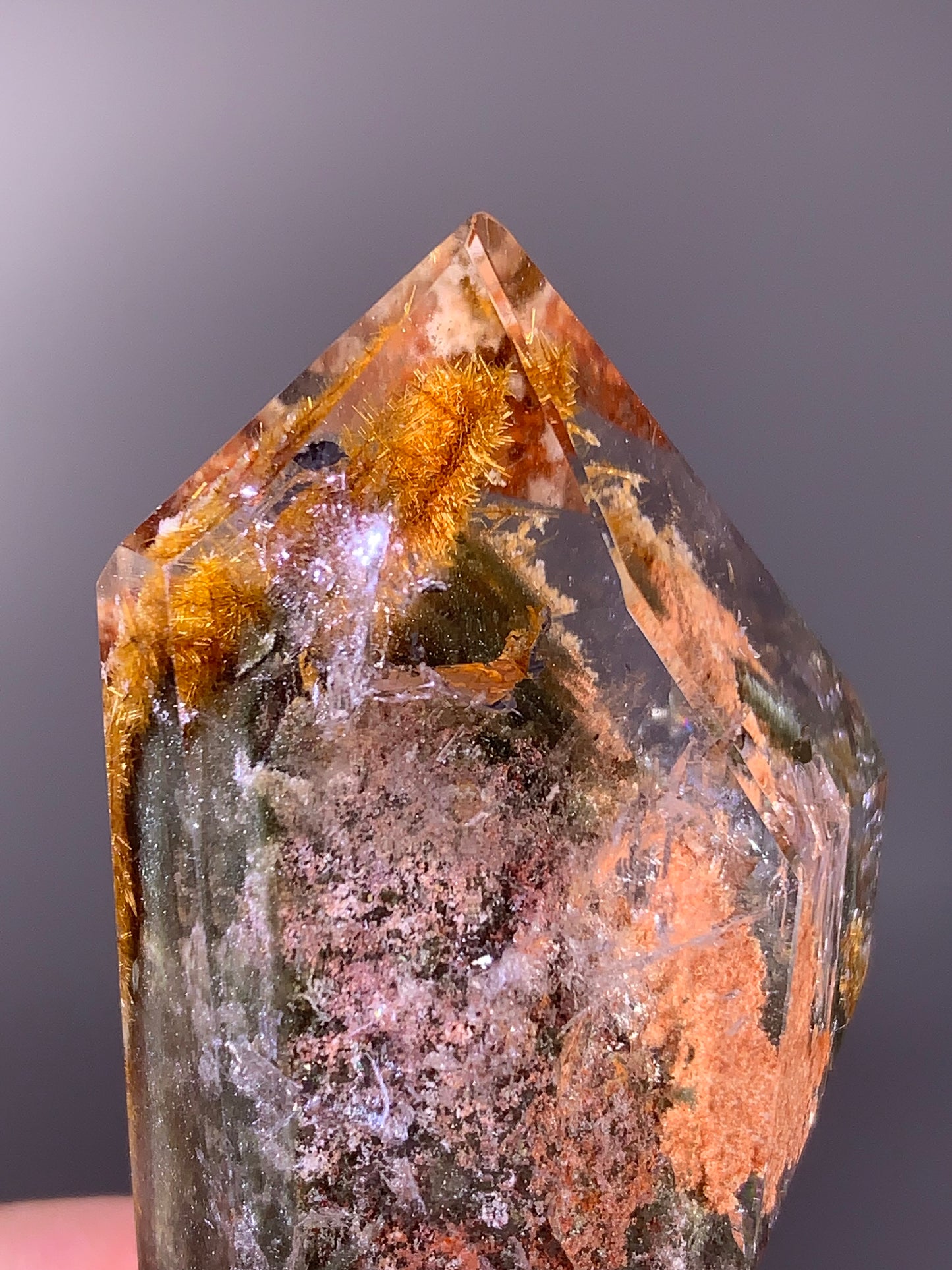 High-Quality Gold Flower Rutile with Green Phantom & Garden Inclusion Polished Tower – Brazilian Quartz