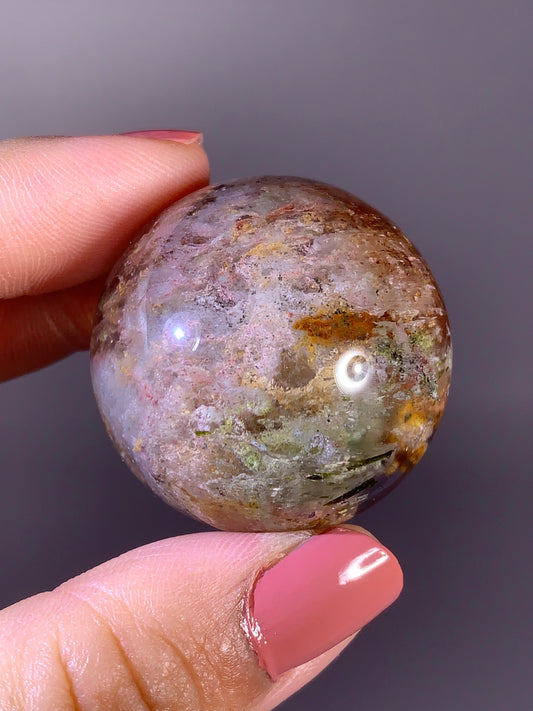 Collector’s Grade Colorful Garden Quartz Sphere with Pink Amphibole & Tourmaline Inclusions from Zambia