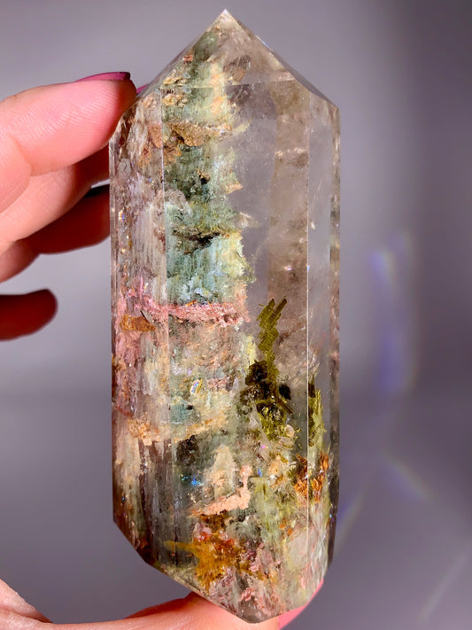 Collector’s Grade Large Colorful Garden Quartz Tower with Epidote and Tourmaline from Zambia