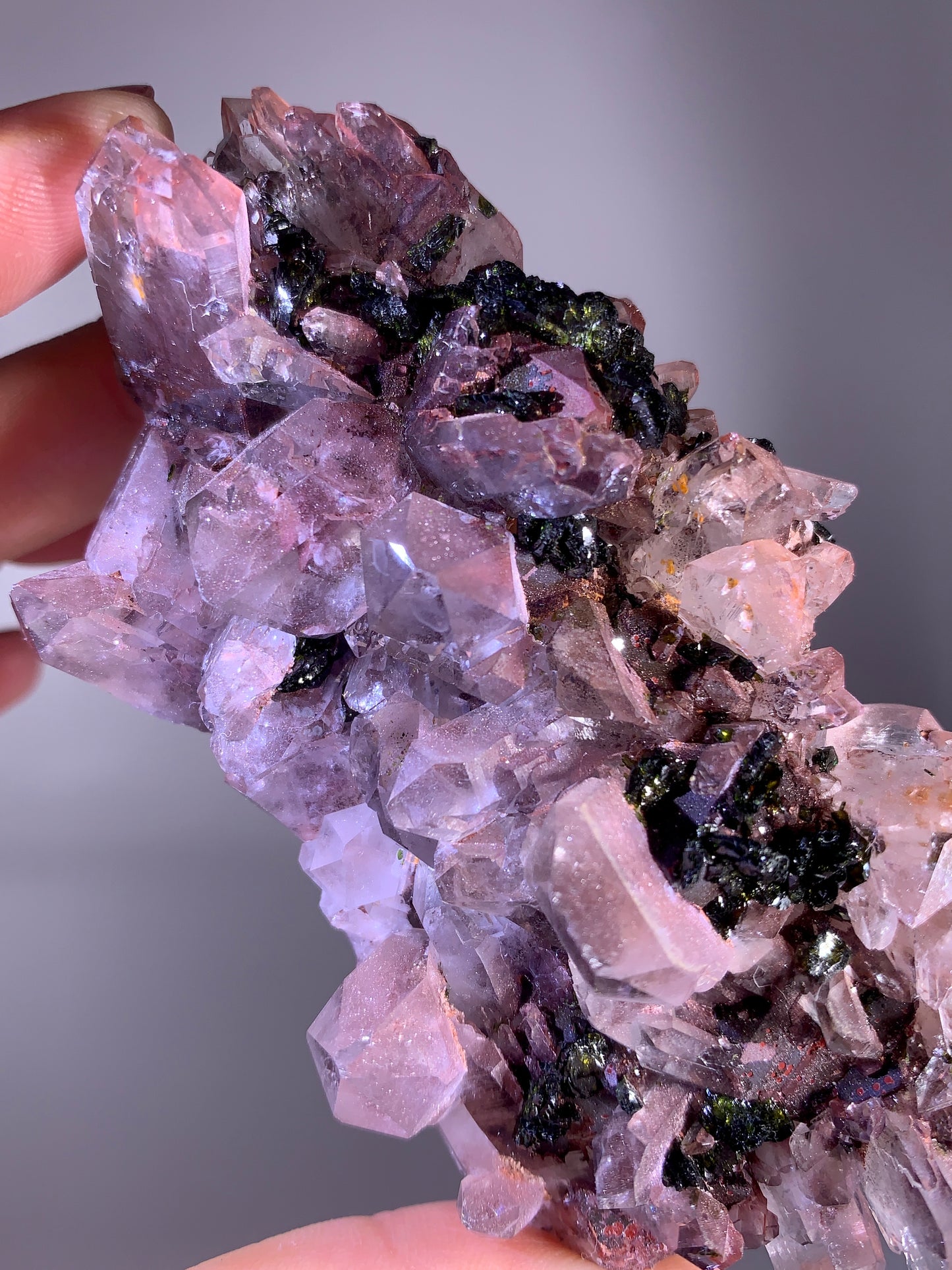 Natural Sichuan Garden Quartz Crystal Cluster Specimen with Epidote & Sparkling Pink Hematite Inclusions