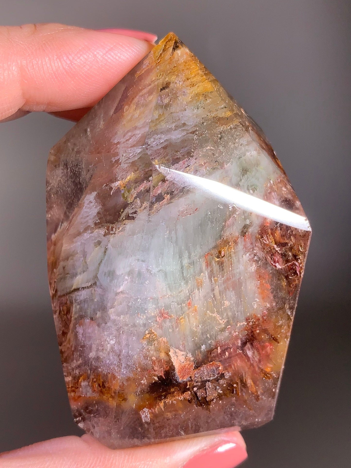 Colorful Garden Quartz with Pink Amphibole – A polished tower featuring vibrant layered inclusions and soft pink tones