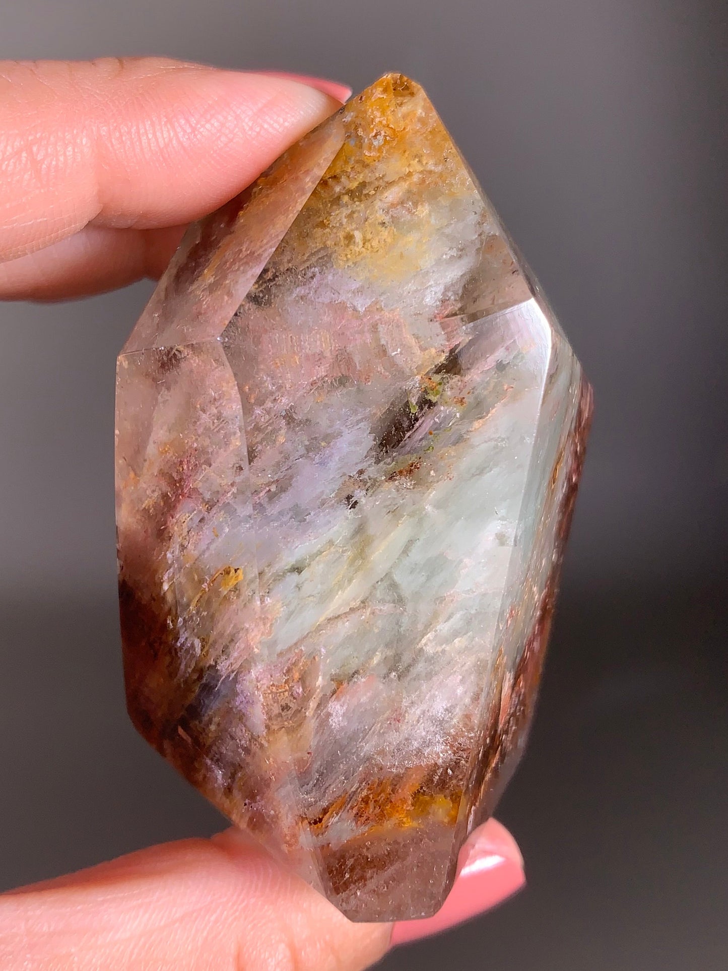 Colorful Garden Quartz with Pink Amphibole – A polished tower featuring vibrant layered inclusions and soft pink tones