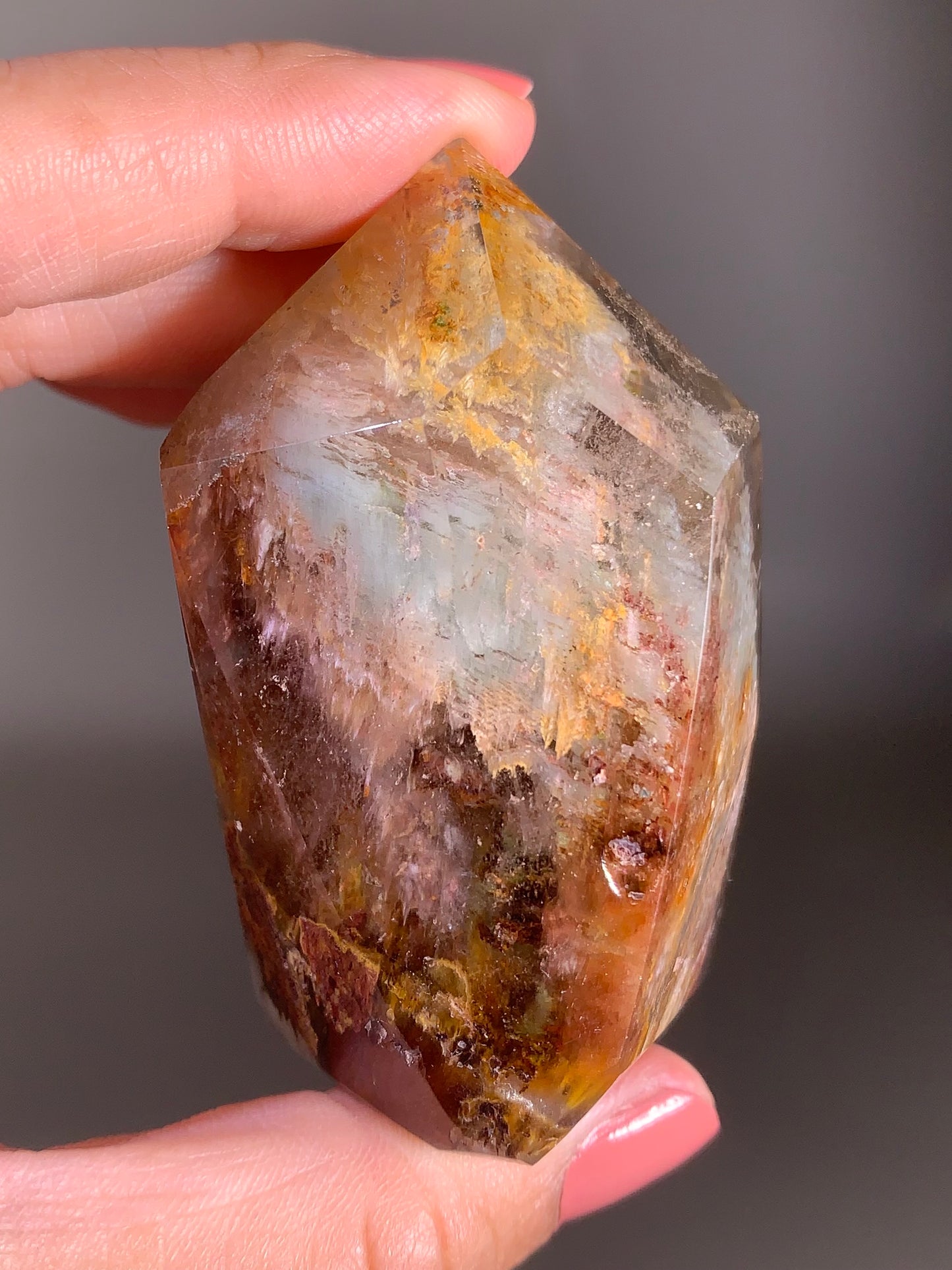 Colorful Garden Quartz with Pink Amphibole – A polished tower featuring vibrant layered inclusions and soft pink tones