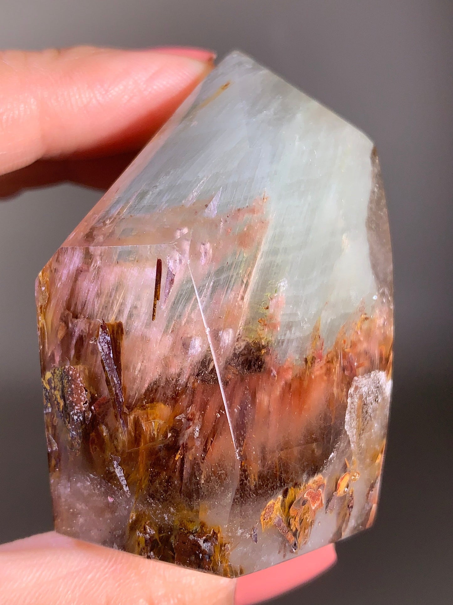 Garden Quartz with Pink Amphibole – A polished tower featuring vibrant layered inclusions and soft pink tones