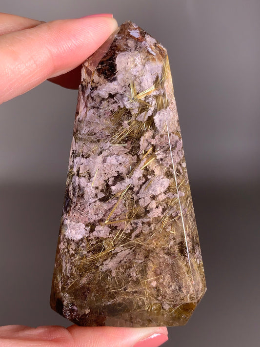 Rare Gold Star Rutile with Purple Garden Quartz Polished Tower from Brazil