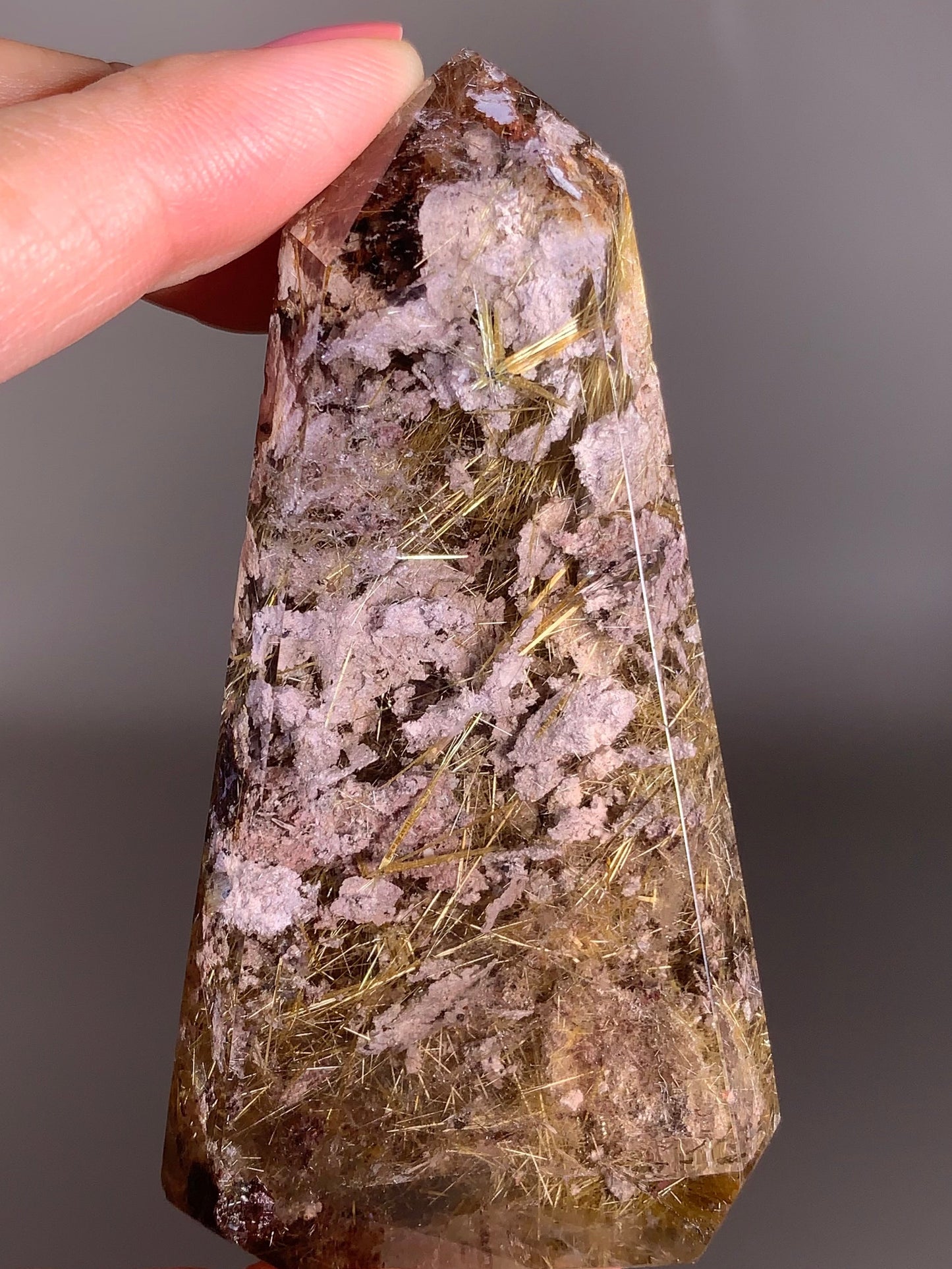 Rare Gold Star Rutile with Purple Garden Quartz Polished Tower from Brazil