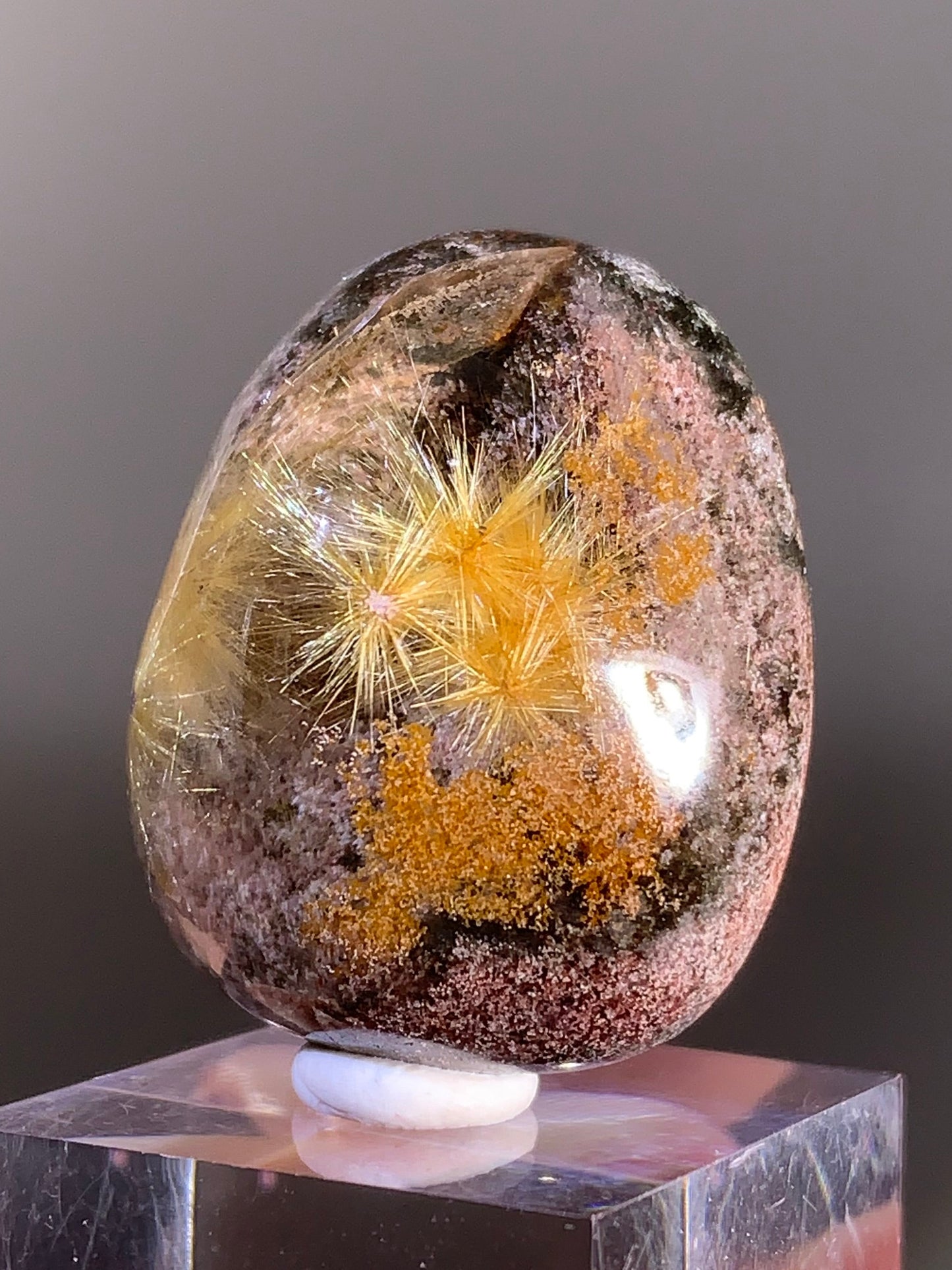 Gold Starburst Rutile in Pink, Orange, and Green Garden Quartz from Brazil
