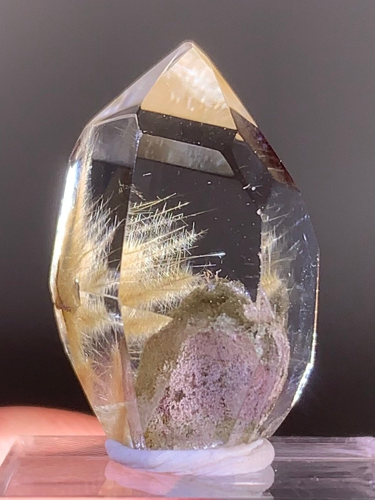 Top-Grade Pine Tree Leaf Gold Rutile with Calcite and Pink & Green Garden Quartz – Polished Tower from Brazil