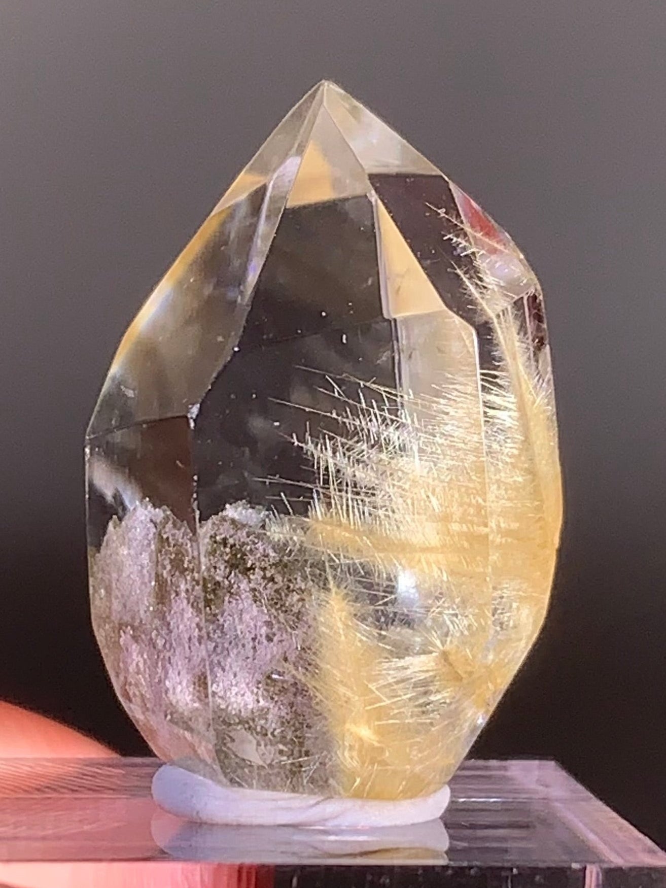 Top-Grade Pine Tree Leaf Gold Rutile with Calcite and Pink & Green Garden Quartz – Polished Tower from Brazil