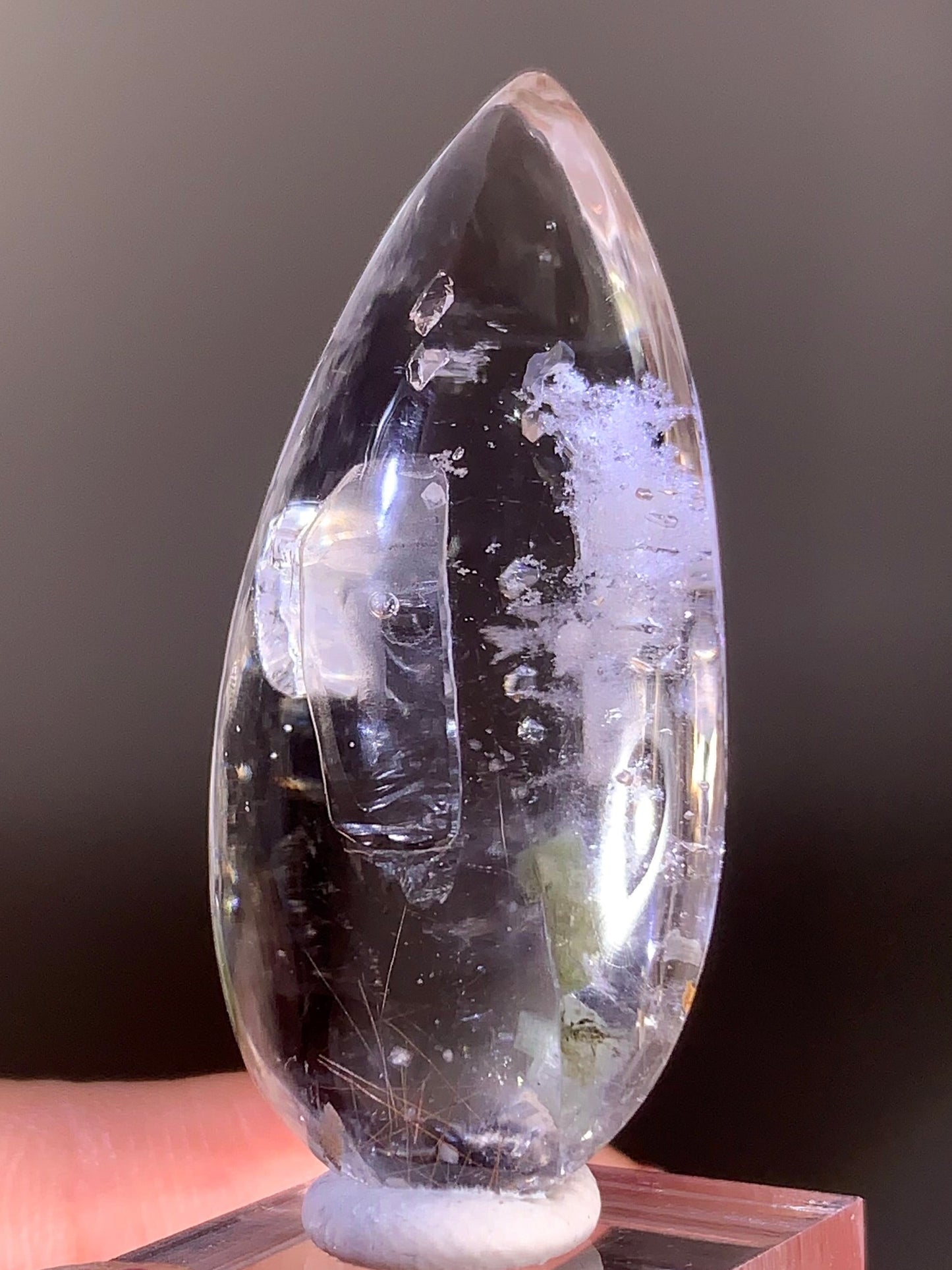 Collector’s Piece – Top-Grade Teardrop Quartz with Enhydro, Calcite, Manifestations, Negative Quartz, Rutile, and Epidote Inclusions