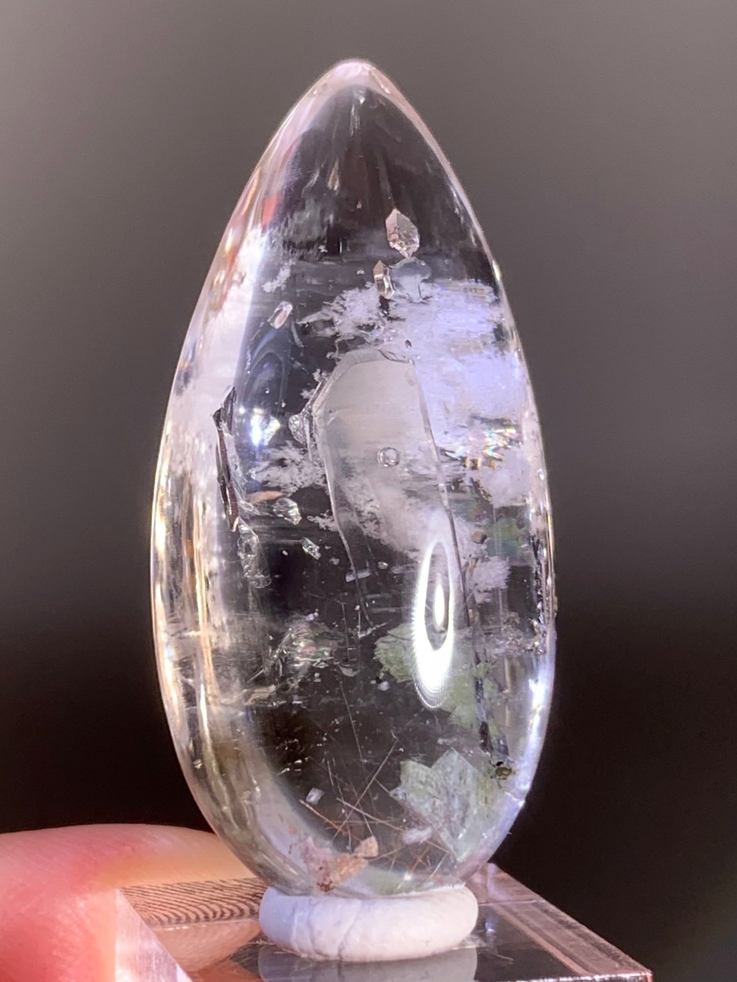Collector’s Piece – Top-Grade Teardrop Quartz with Enhydro, Calcite, Manifestations, Negative Quartz, Rutile, and Epidote Inclusions