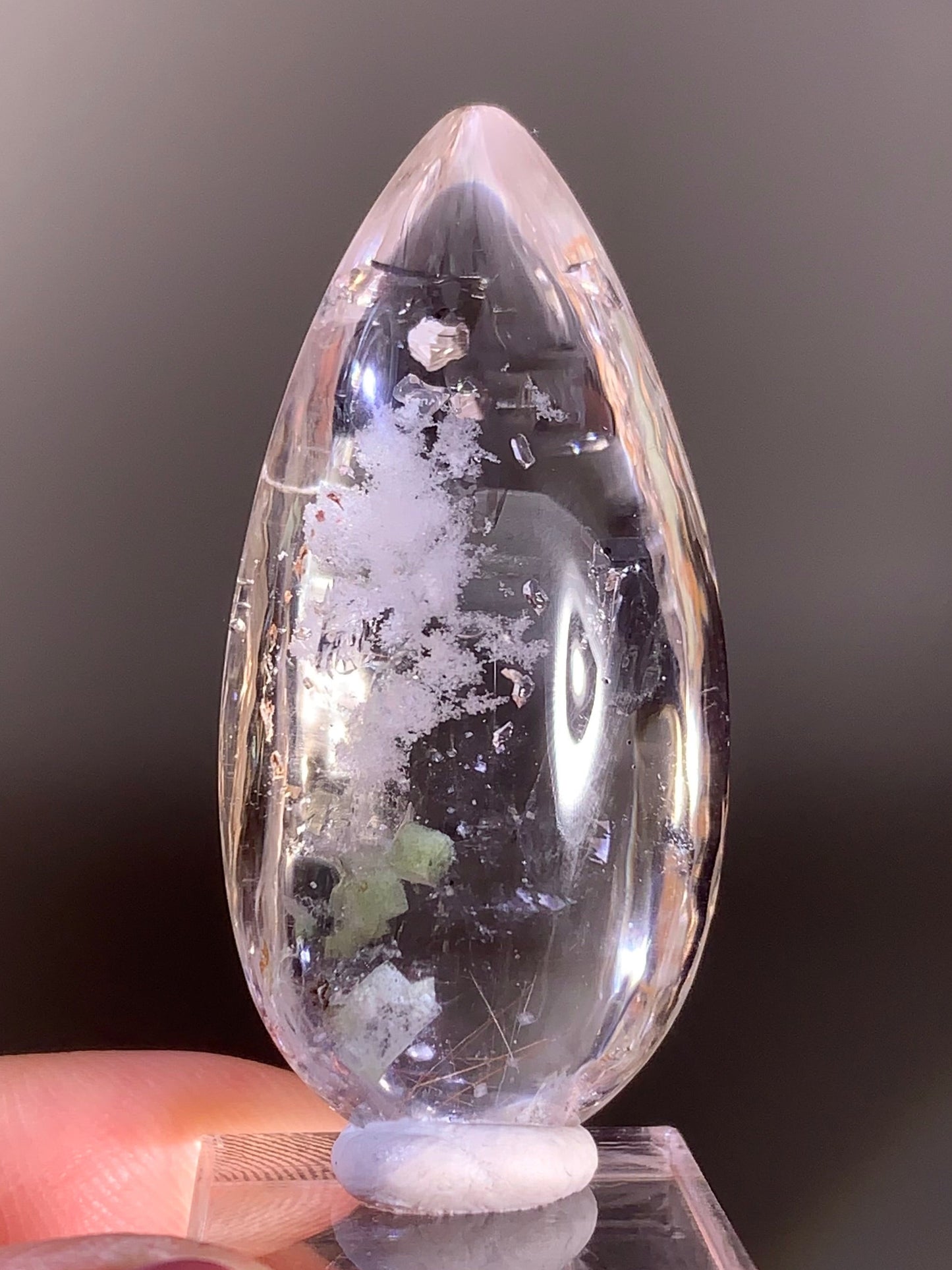 Collector’s Piece – Top-Grade Teardrop Quartz with Enhydro, Calcite, Manifestations, Negative Quartz, Rutile, and Epidote Inclusions