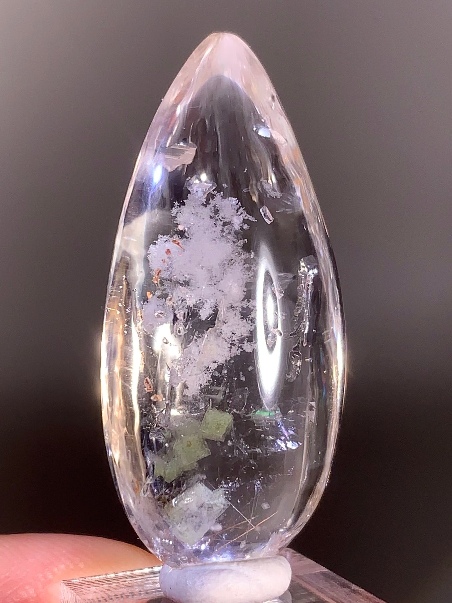 Collector’s Piece – Top-Grade Teardrop Quartz with Enhydro, Calcite, Manifestations, Negative Quartz, Rutile, and Epidote Inclusions