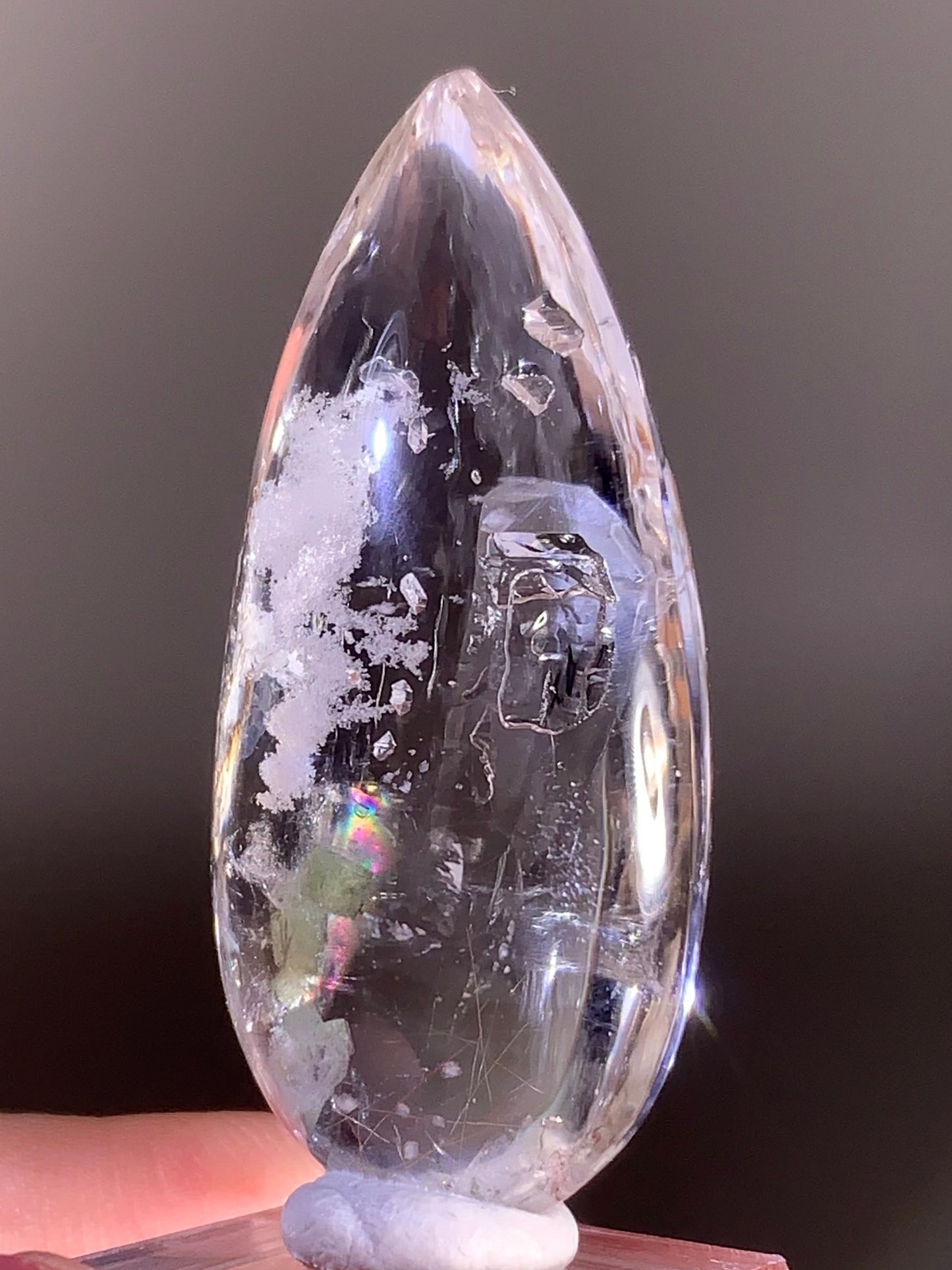 Collector’s Piece – Top-Grade Teardrop Quartz with Enhydro, Calcite, Manifestations, Negative Quartz, Rutile, and Epidote Inclusions