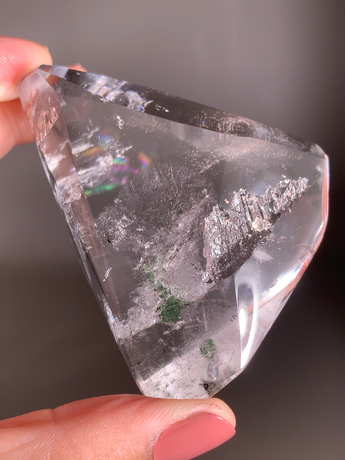 Extremely Rare Enhydro with Green Moving Sand in Clear Quartz Polished Freeform