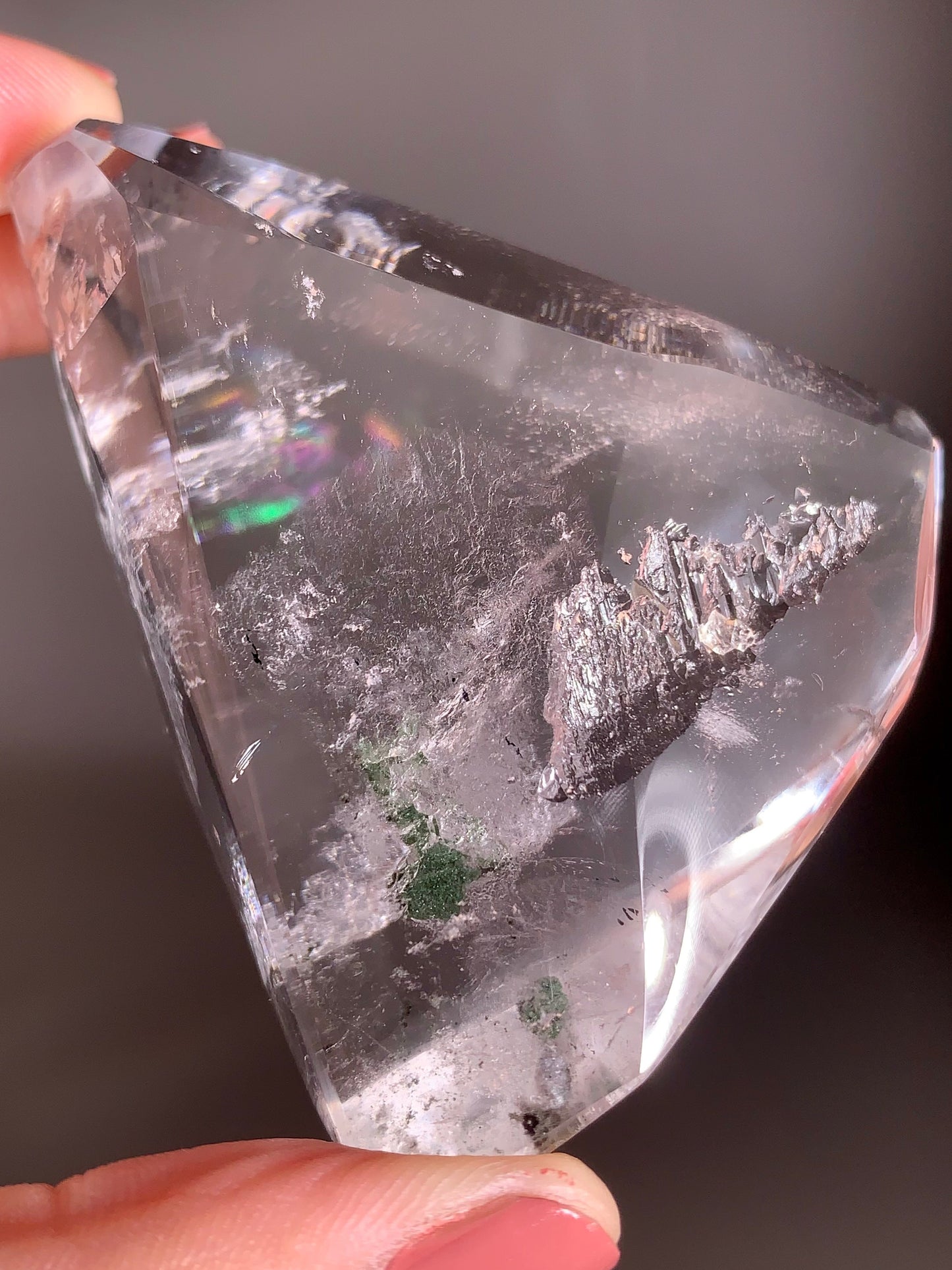 Extremely Rare Enhydro with Green Moving Sand in Clear Quartz Polished Freeform