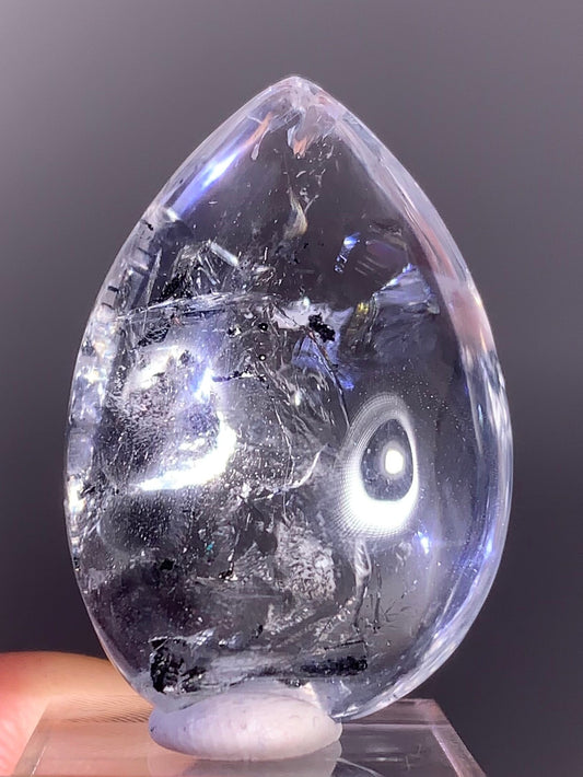 High-Grade Polished Enhydro Quartz Teardrop with Falling Carbon Sand
