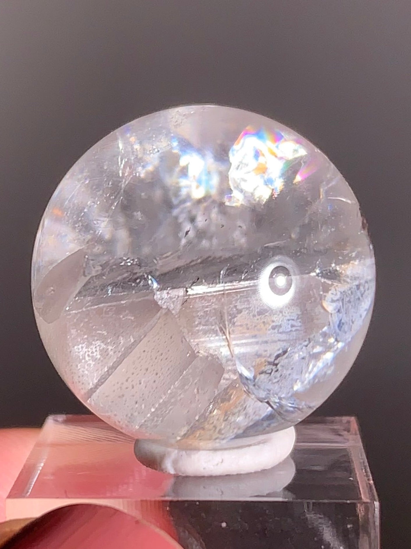 Manifestation (Quartz-in-Quartz) with Rainbow in Clear Quartz Sphere