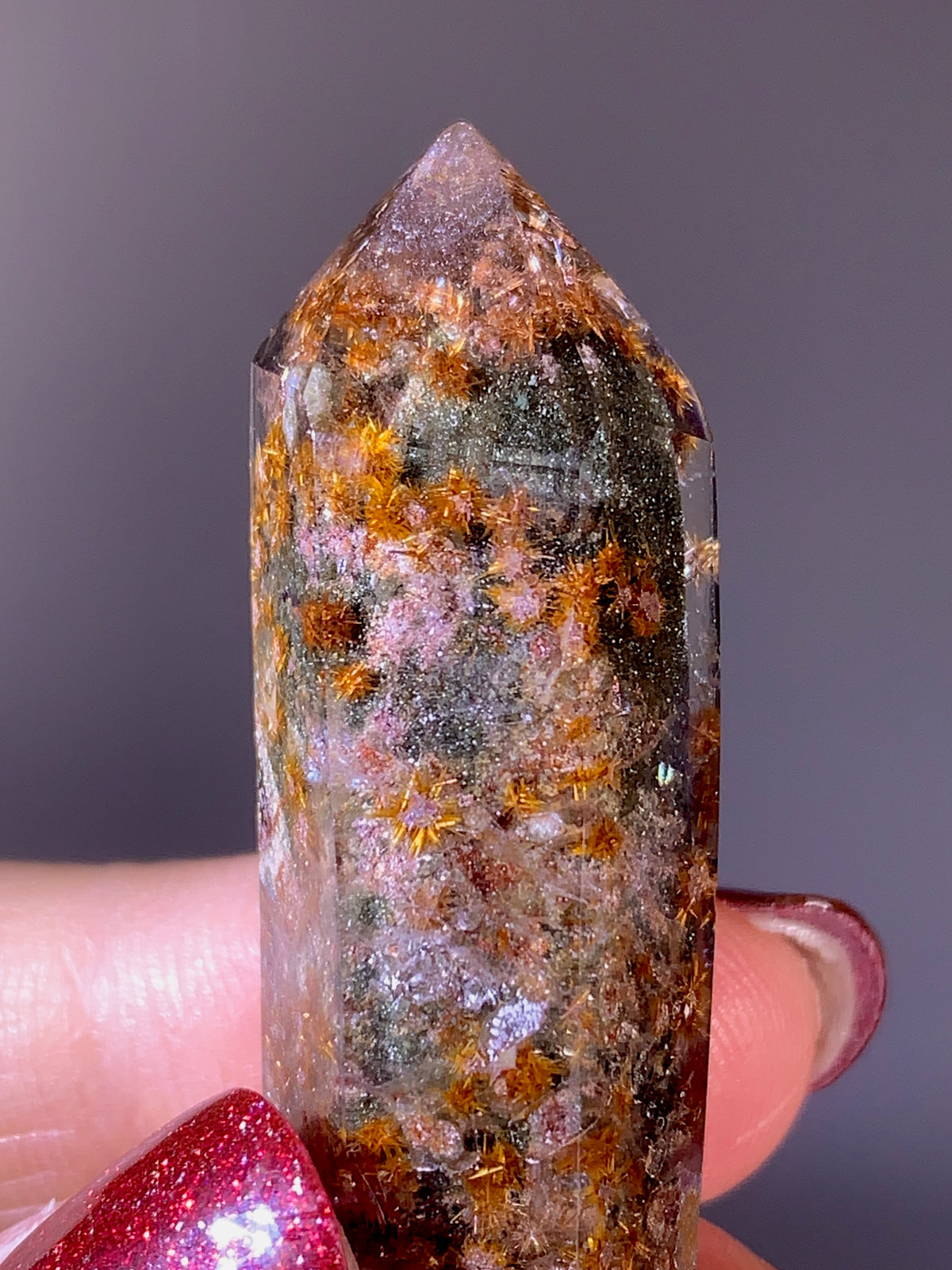 Rare Collector’s Piece Copper & Pink Flower Rutile with Green Garden Quartz Double-Terminated Point | Brazil