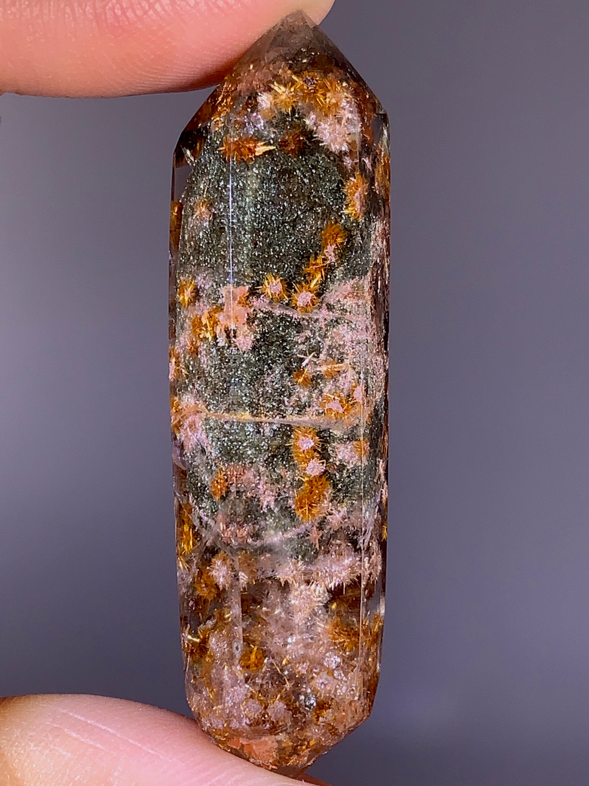 Rare Collector’s Piece Copper & Pink Flower Rutile with Green Garden Quartz Double-Terminated Point | Brazil