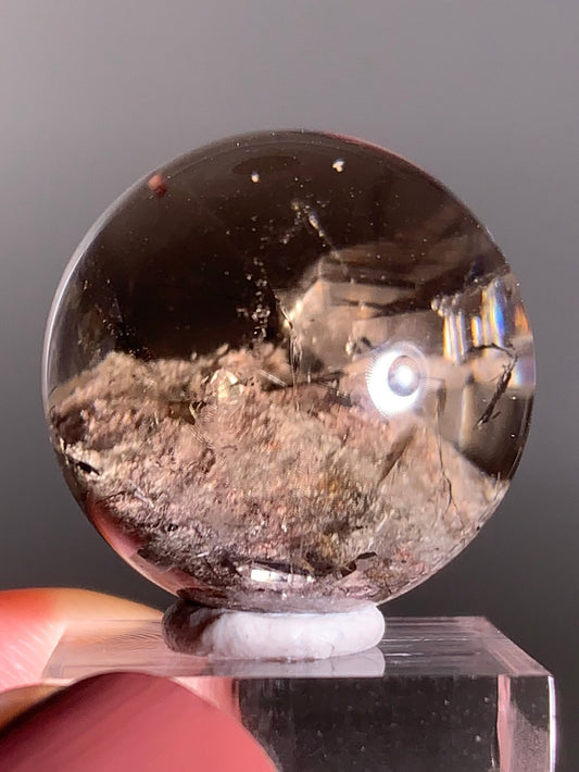 Cream & Pink Garden in Smoky Quartz Sphere with Rutile & Manifestation (Crystal-in-Crystal)