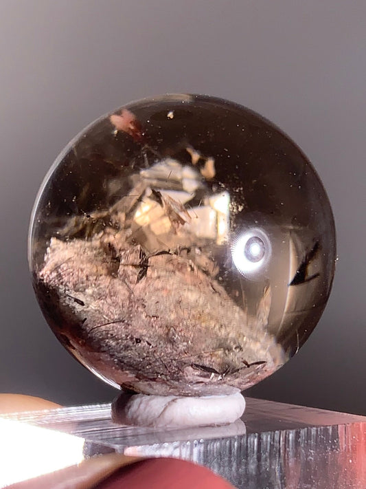 Cream & Pink Garden in Smoky Quartz Sphere with Rutile & Manifestation (Crystal-in-Crystal)