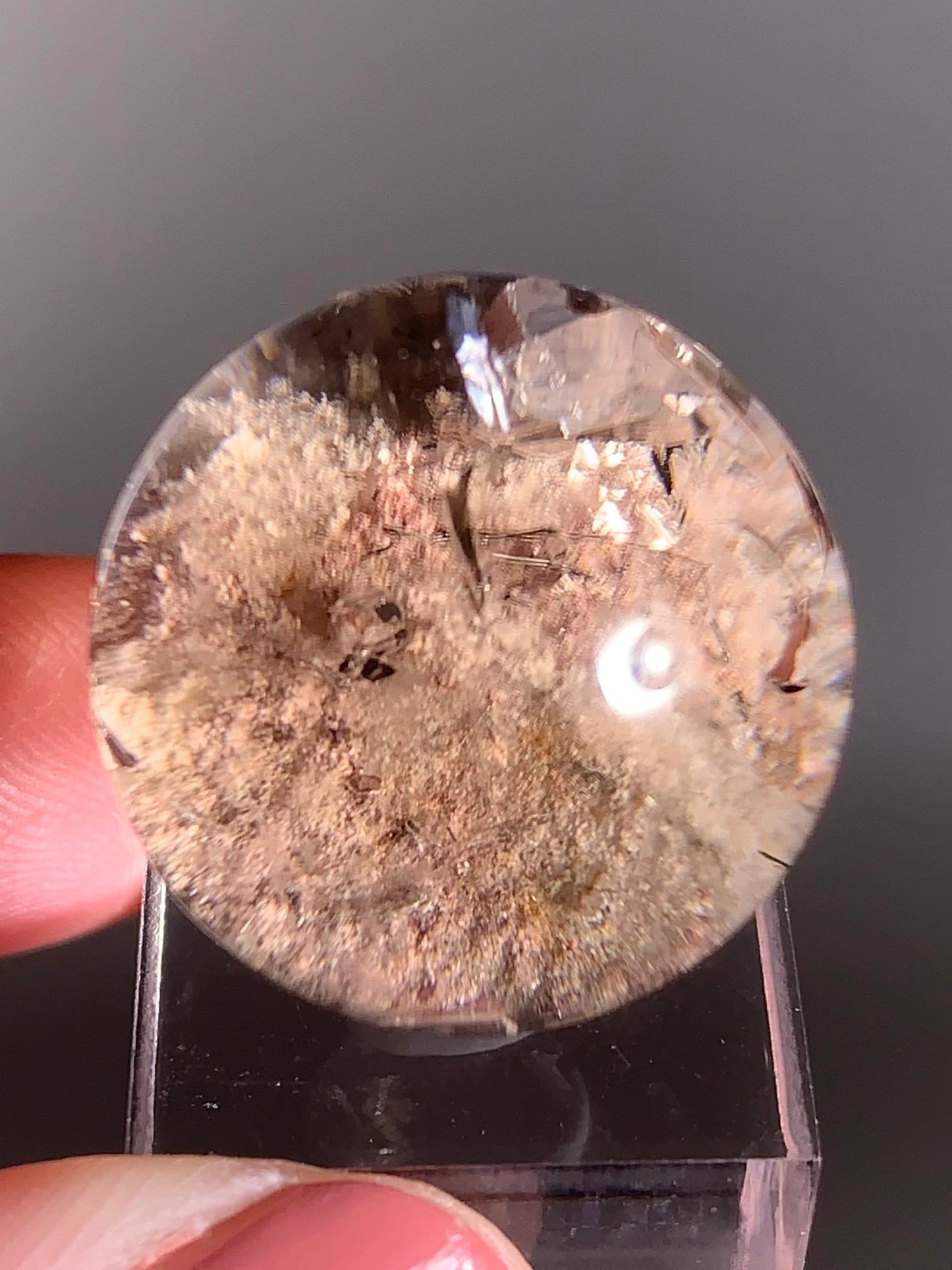 Cream & Pink Garden in Smoky Quartz Sphere with Rutile & Manifestation (Crystal-in-Crystal)