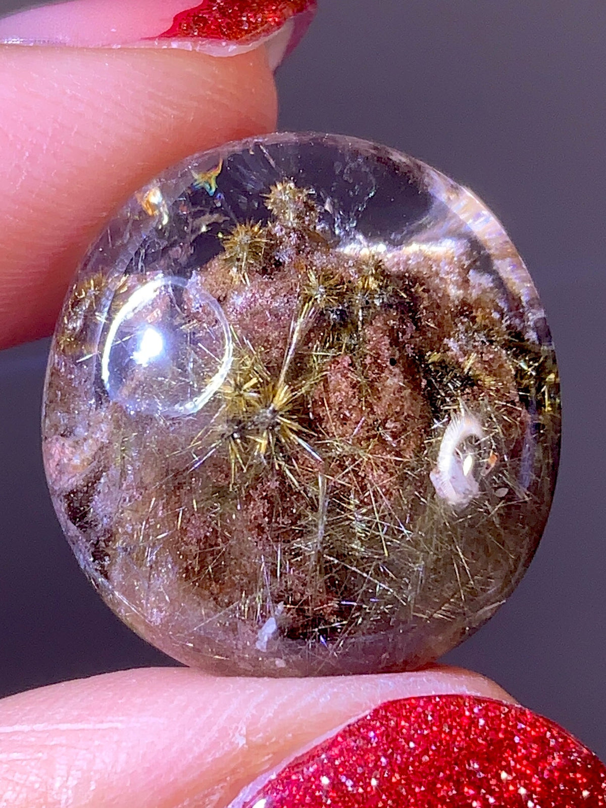 High-Quality Gold Flower Rutile with Brown Garden Quartz Cabochon | Brazil