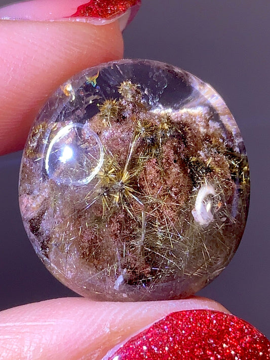 High-Quality Gold Flower Rutile with Brown Garden Quartz Cabochon | Brazil