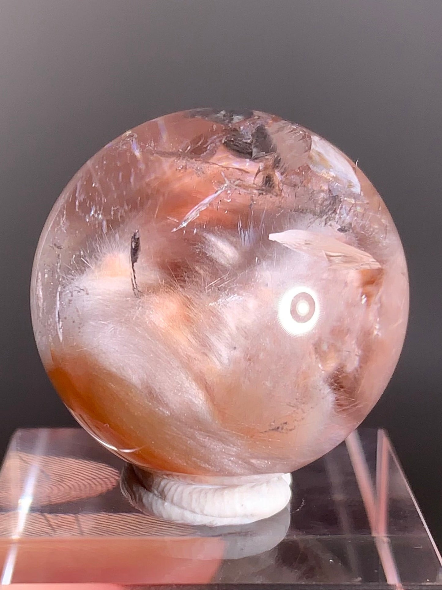 High-Clarity Pink Amphibole Sphere with Silky Textured Inclusions