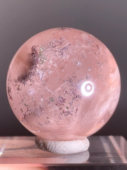 High-Clarity Pink Amphibole Sphere with Purple Lodolite Inclusions
