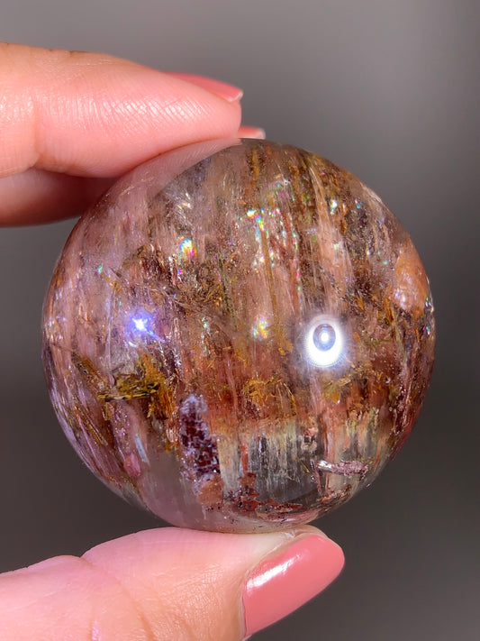 Large Garden Quartz Sphere with Pink Amphibole, Colorful Tourmaline & Epidote Inclusions