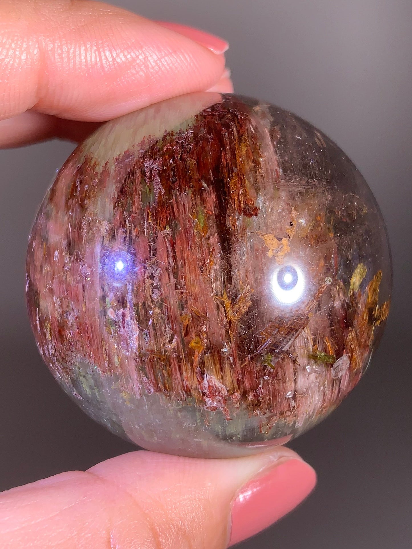 Large Garden Quartz Sphere with Pink Amphibole, Colorful Tourmaline & Epidote Inclusions