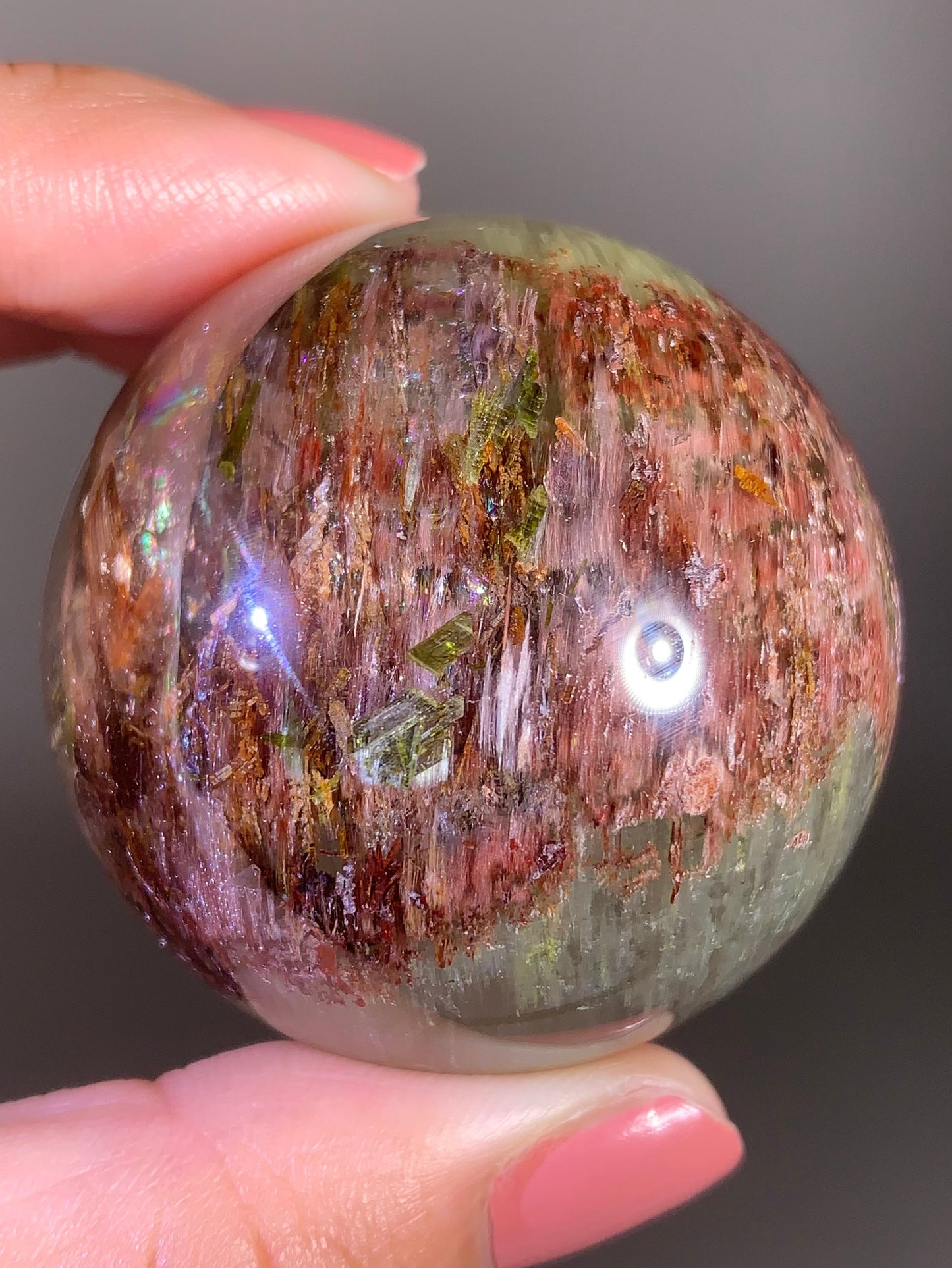 Large Garden Quartz Sphere with Pink Amphibole, Colorful Tourmaline & Epidote Inclusions