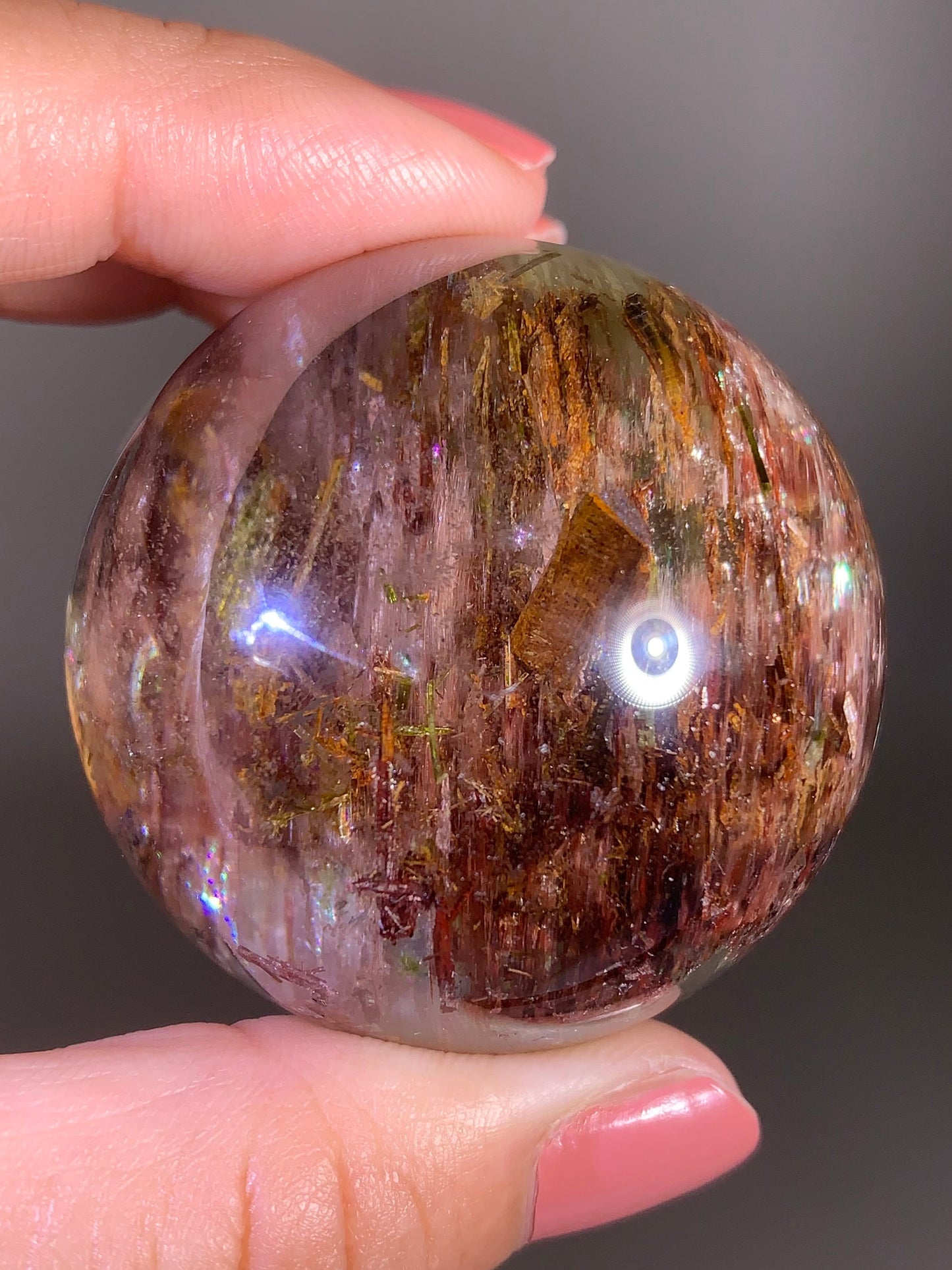 Large Garden Quartz Sphere with Pink Amphibole, Colorful Tourmaline & Epidote Inclusions