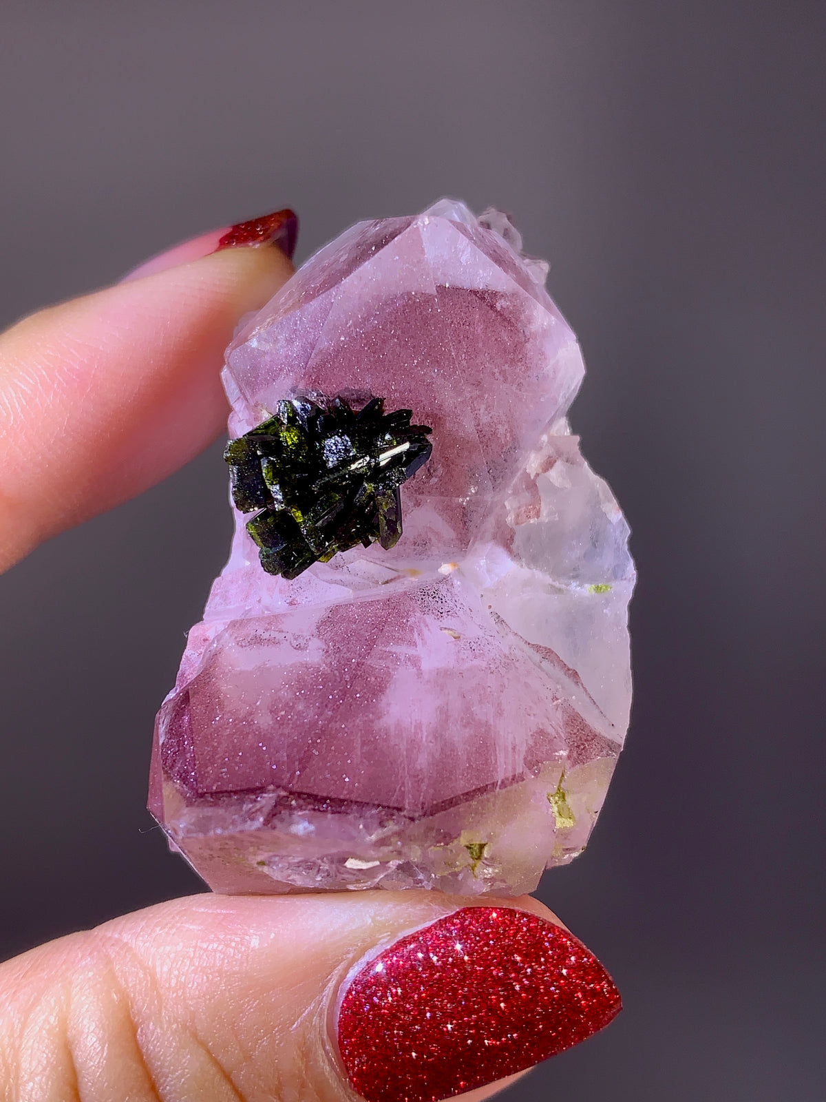 Rare Collector’s Piece Pink Hematite & Epidote Inclusion Sichuan Garden Quartz Mineral Specimen