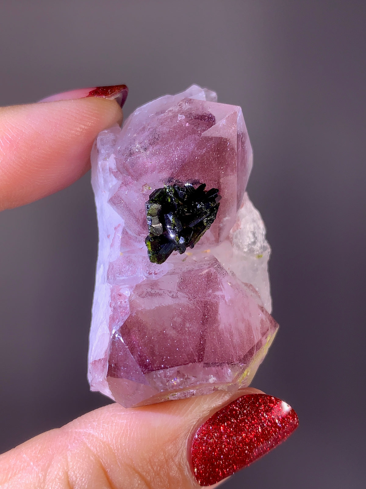 Rare Collector’s Piece Pink Hematite & Epidote Inclusion Sichuan Garden Quartz Mineral Specimen