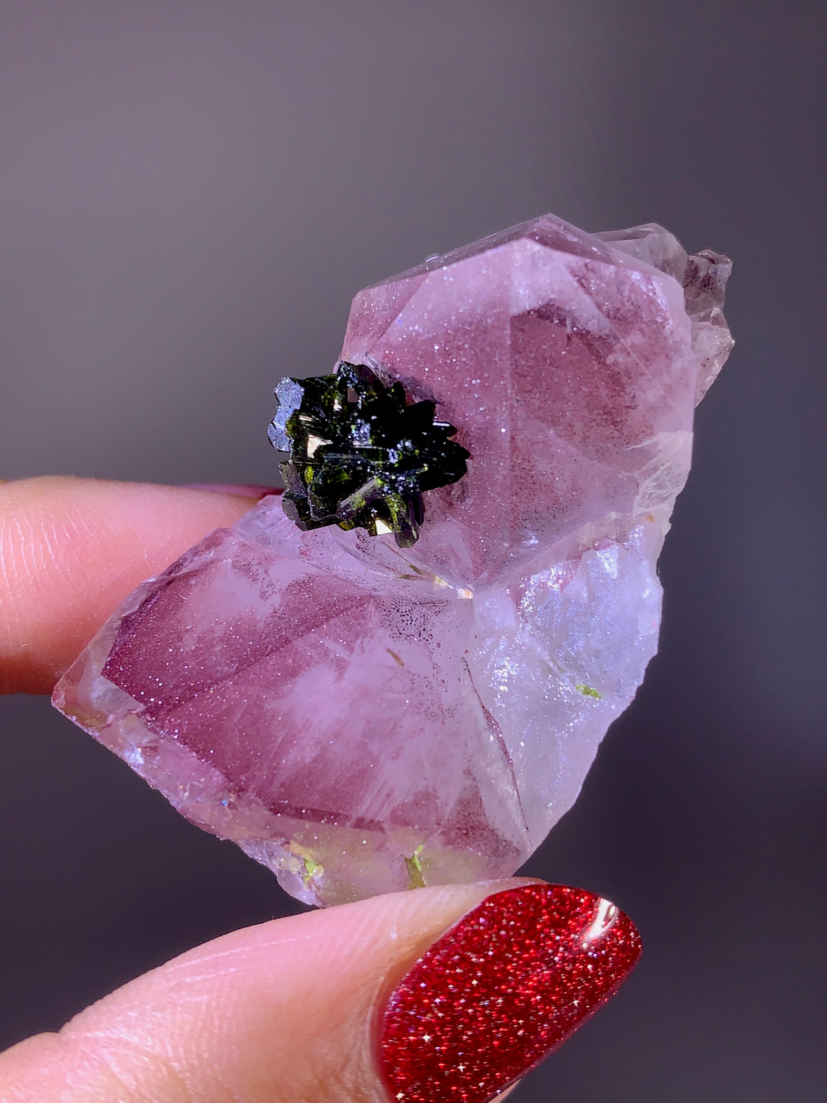 Rare Collector’s Piece Pink Hematite & Epidote Inclusion Sichuan Garden Quartz Mineral Specimen