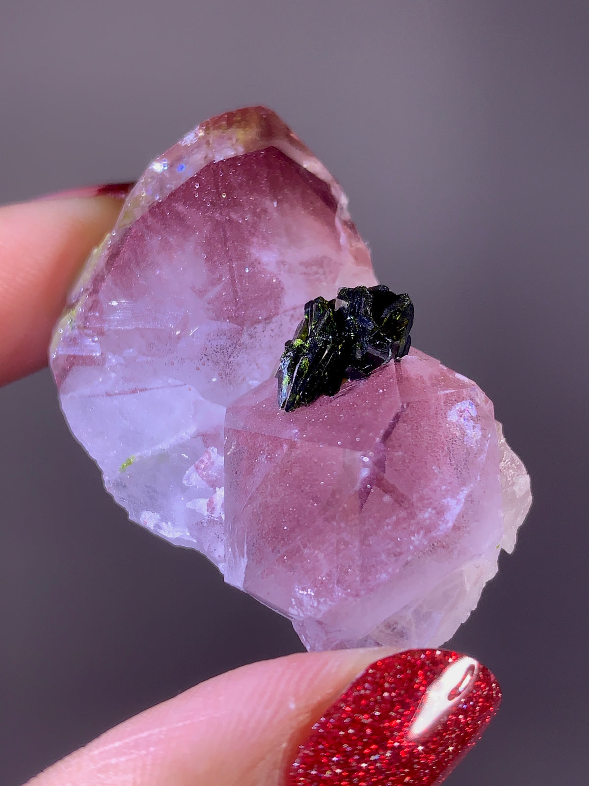 Rare Collector’s Piece Pink Hematite & Epidote Inclusion Sichuan Garden Quartz Mineral Specimen
