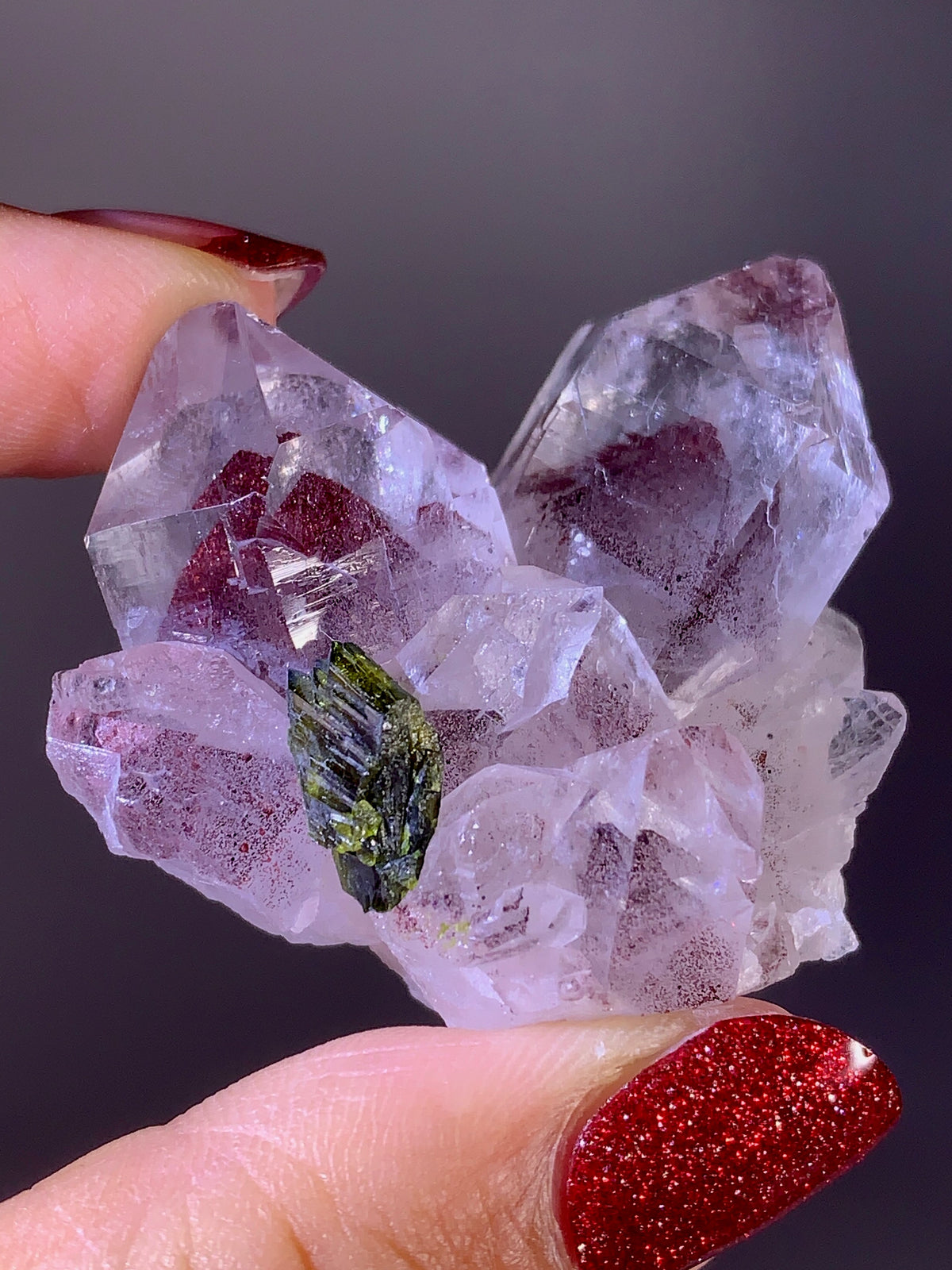 Rare Collector’s Piece Pink Hematite Phantom & Epidote Inclusion Sichuan Garden Quartz Mineral Specimen