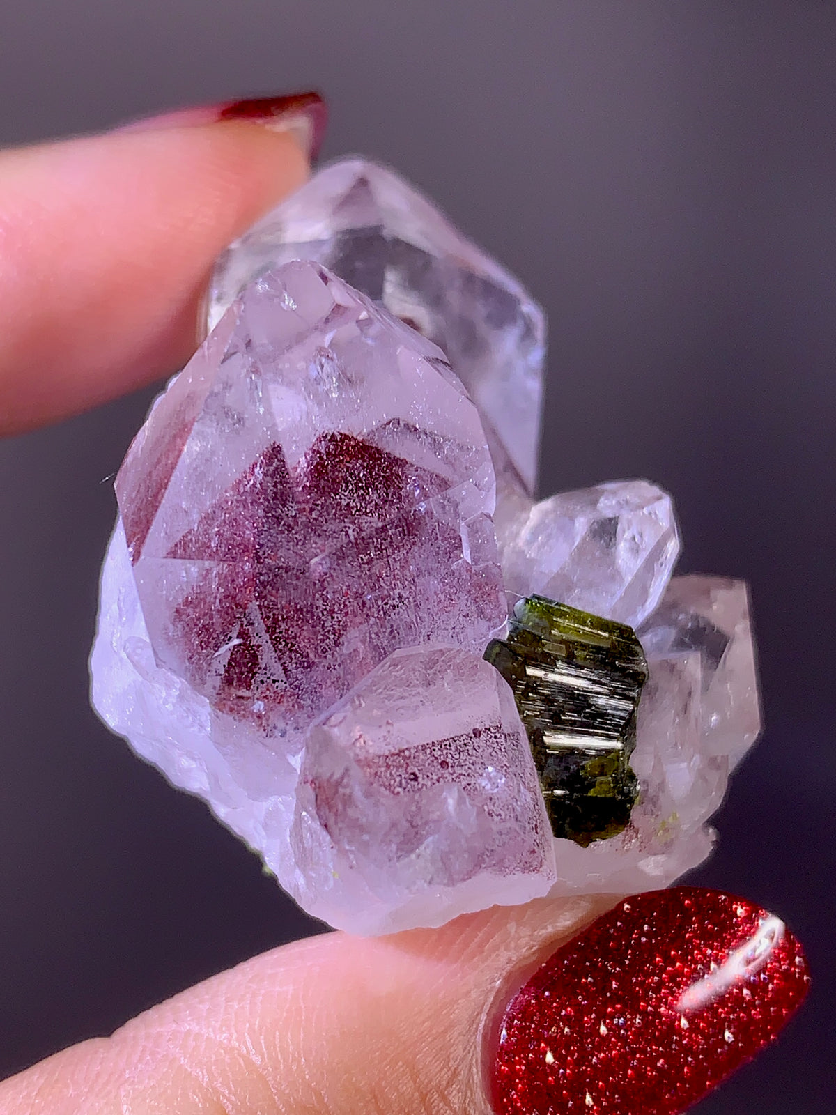 Rare Collector’s Piece Pink Hematite Phantom & Epidote Inclusion Sichuan Garden Quartz Mineral Specimen