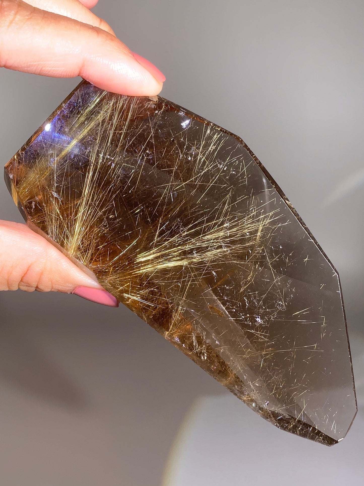 High-Quality Large Shooting-Star Rutile in Standing Smoky Quartz Freeform from Brazil