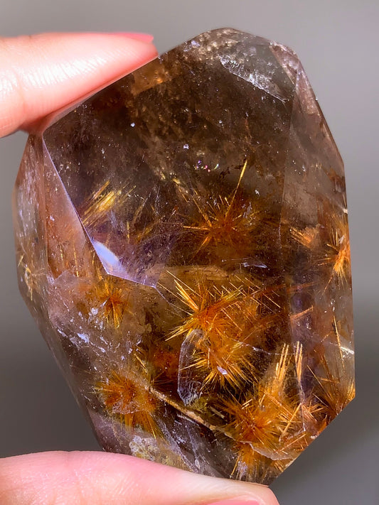 Large Starburst Rutile with Mica in Smoky Quartz Polished Freeform from Brazil