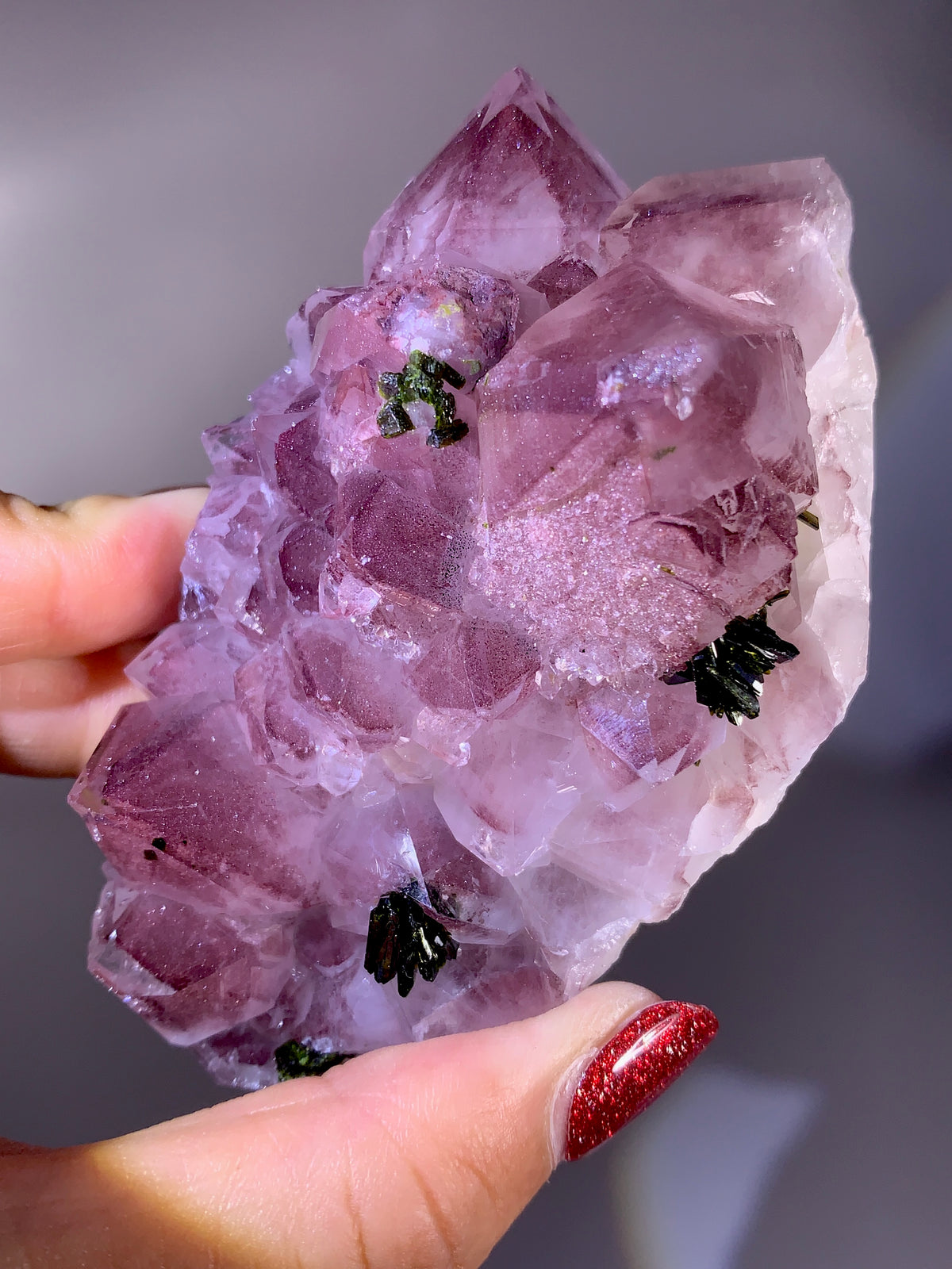Rare Collector’s Piece Sparkling Pink Hematite & Epidote Inclusion Sichuan Garden Quartz Mineral Specimen