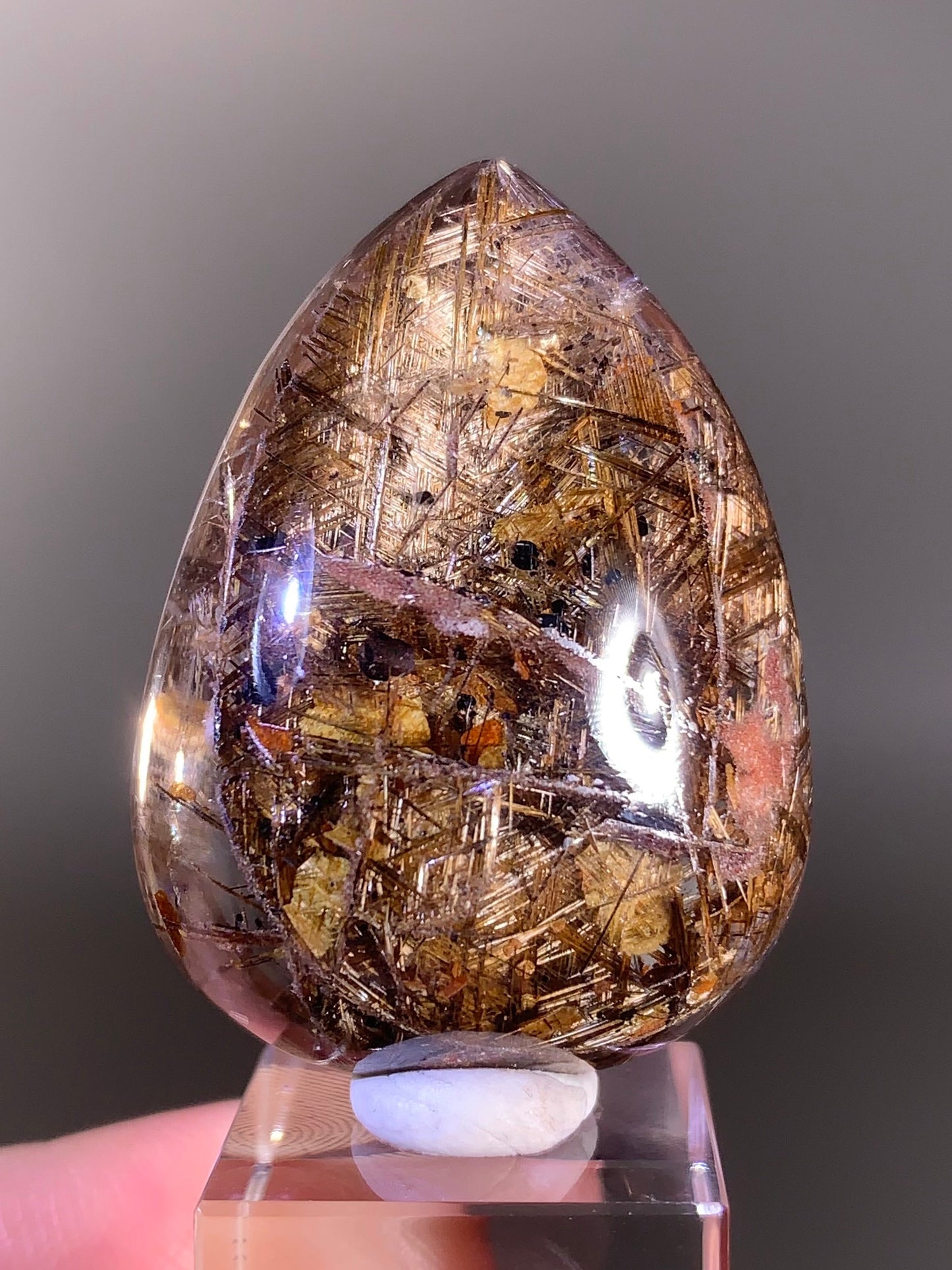 Rare Lattice Gold Rutile with Gold Mica, Shiny Hematite & Pink Garden Quartz Polished Teardrop — Brazil