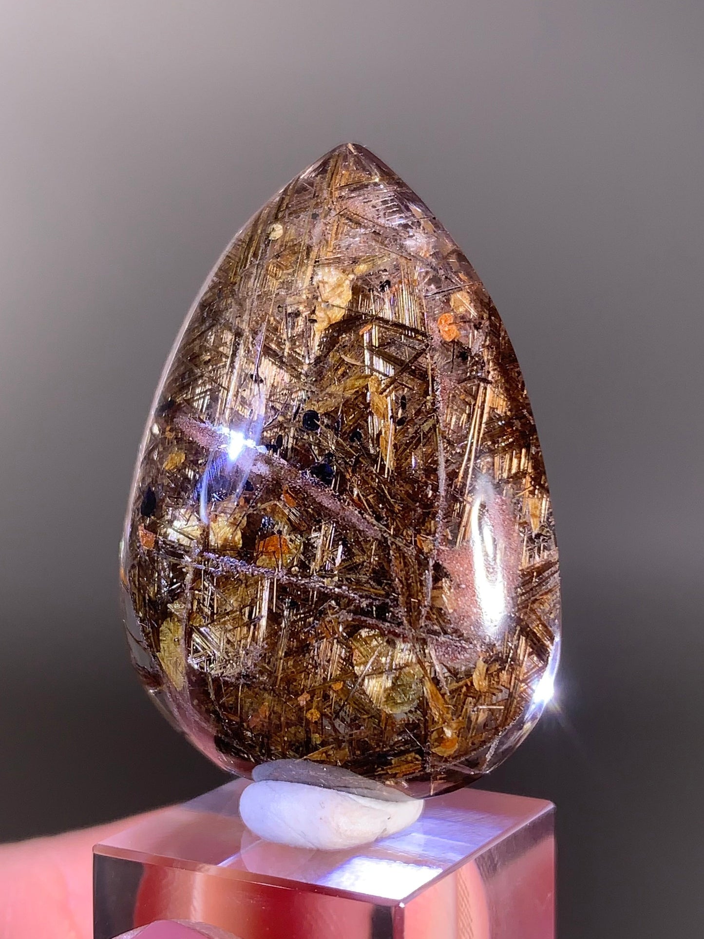 Rare Lattice Gold Rutile with Gold Mica, Shiny Hematite & Pink Garden Quartz Polished Teardrop — Brazil
